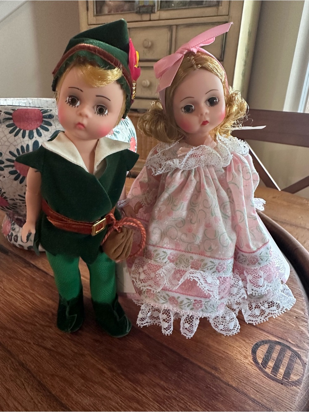 Madame Alexander Green Peter Pan Style Boy Doll with Pink Lace Girl Doll